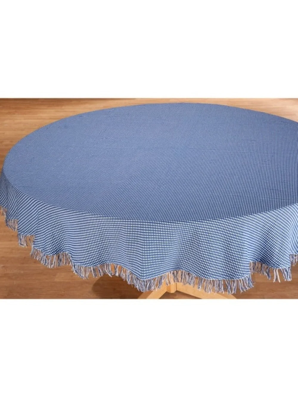 Blue Gingham Round Tablecloth with Fringe Trim